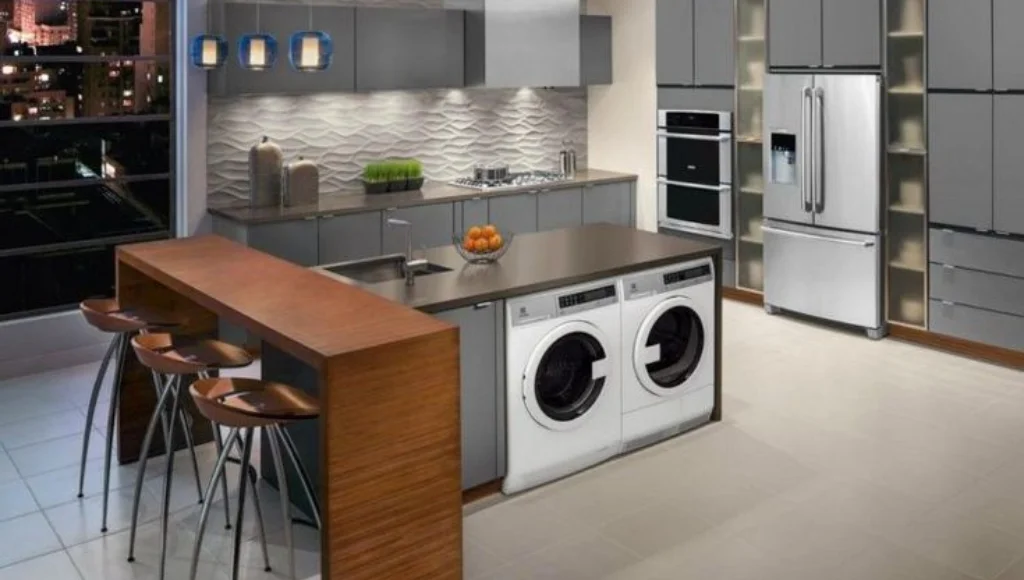 tempat mesin cuci di dapur 2 kursi tempat makan