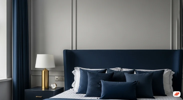 Kamar Abu-Abu dengan Aksen Biru Tua