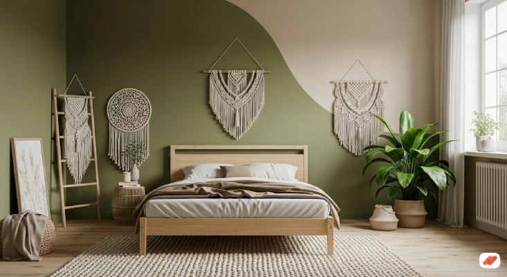 Kamar Tidur Dinding Olive dan Beige Gaya Modern Natural