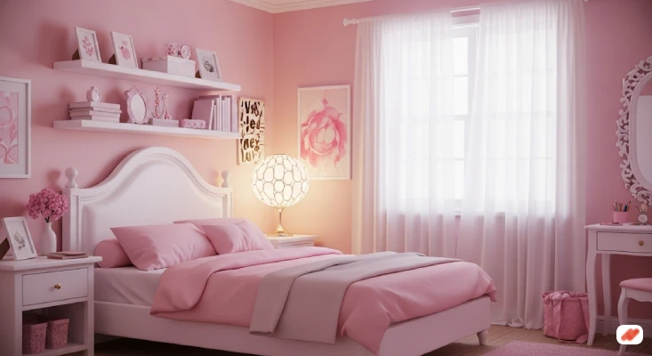 Kamar Tidur Pink Lembut dan Putih Gaya Feminim