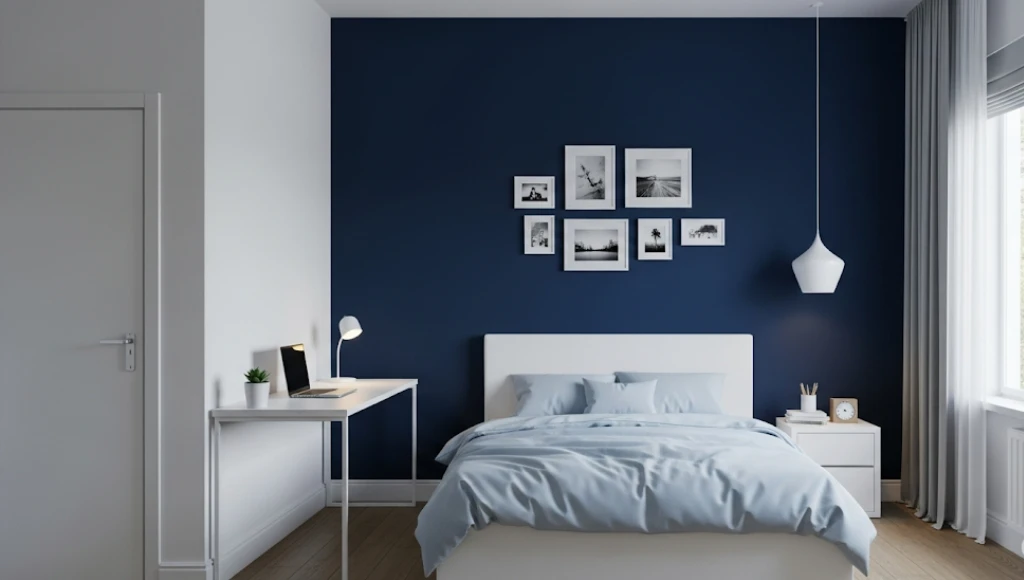 cat kamar tidur 2 warna biru dan putih minimalis