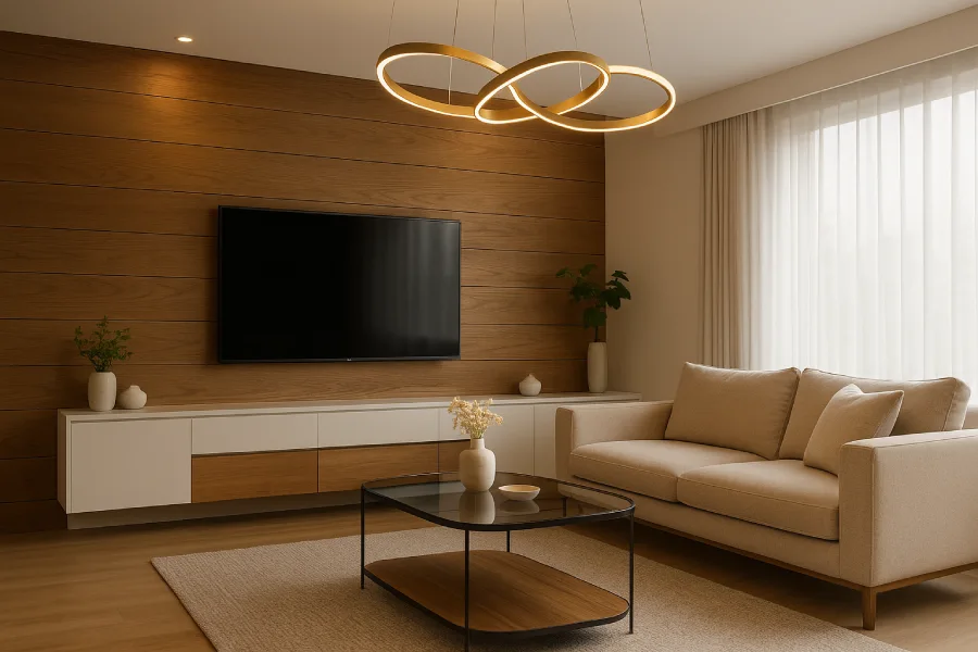 desain ruang tv minimalis modern Backdrop Kayu Horizontal