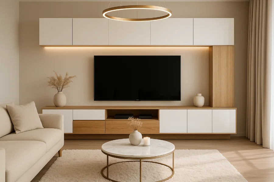 desain ruang tv minimalis modern Kabinet Kombinasi Kayu Putih