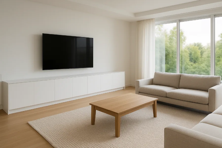 desain ruang tv minimalis modern Kabinet Putih Panjang