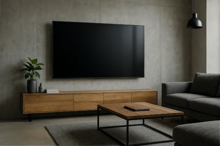 desain ruang tv minimalis modern Panel Beton Industrial