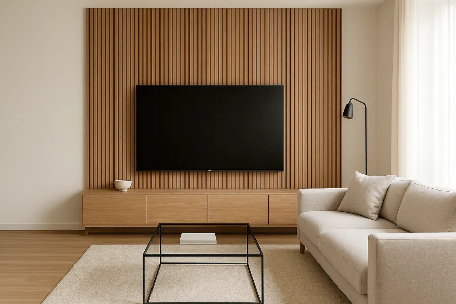 desain ruang tv minimalis modern Panel Kayu Hangat