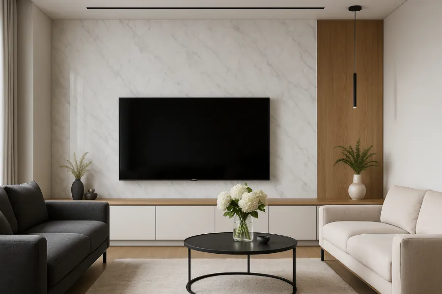 desain ruang tv minimalis modern Panel Marmer Elegan