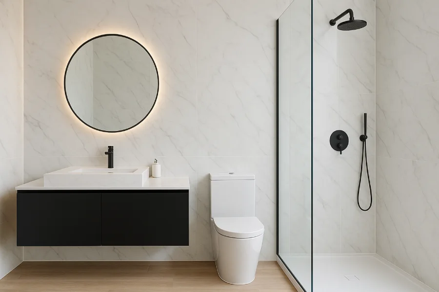 kamar mandi mewah minimalis Hitam Putih Kontras