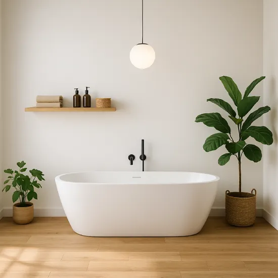 kamar mandi mewah minimalis Kayu Hangat Natural