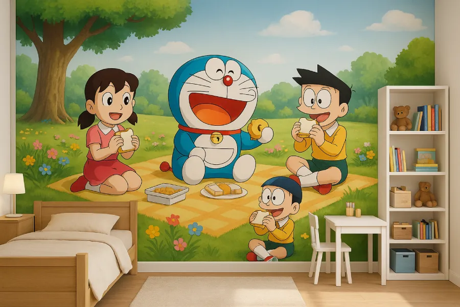 kamar tidur dengan gambar lukisan doraemon Ceria Piknik