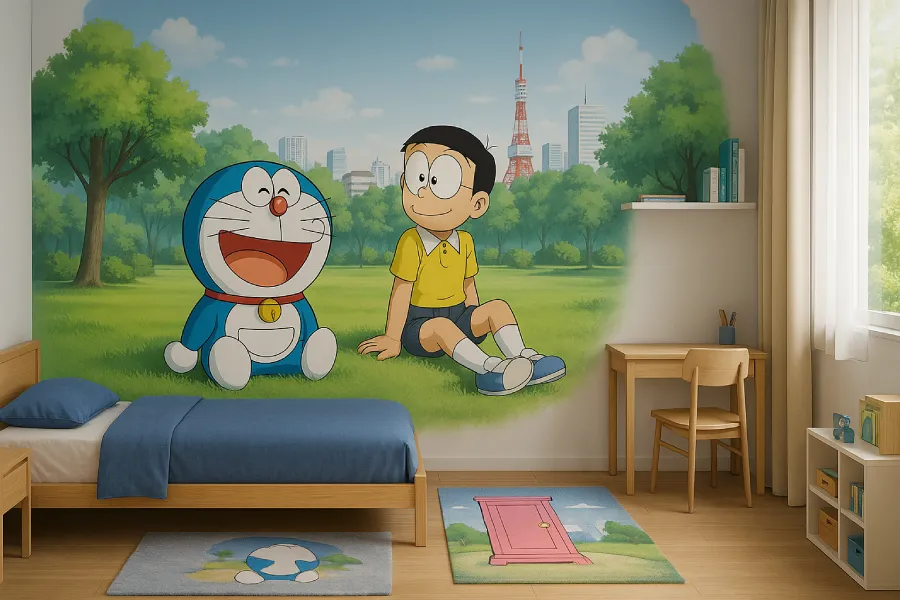 kamar tidur dengan gambar lukisan doraemon Ceria