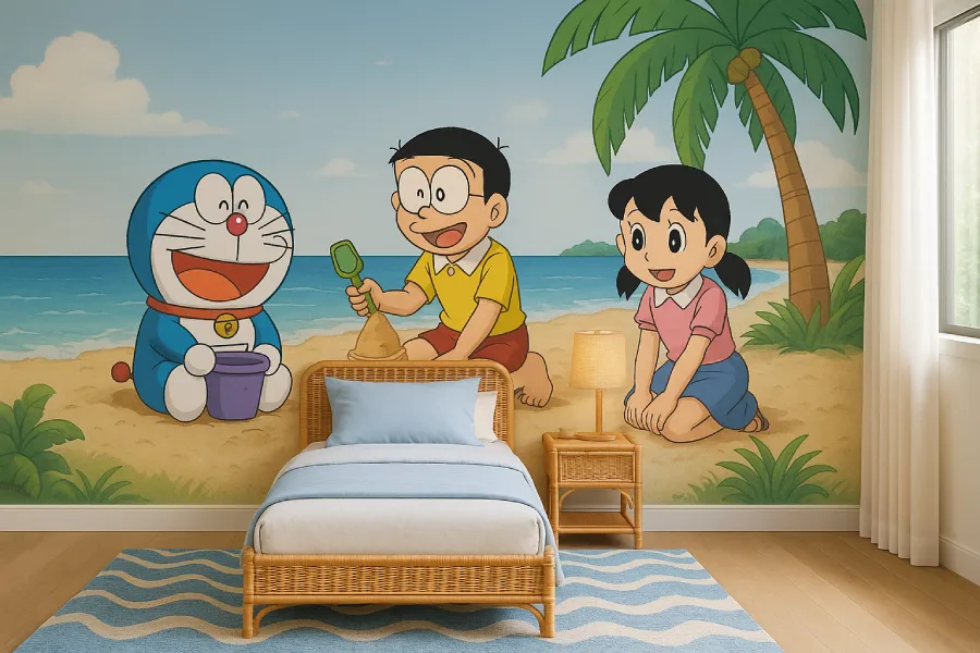 kamar tidur dengan gambar lukisan doraemon Nuansa Pantai Ceria