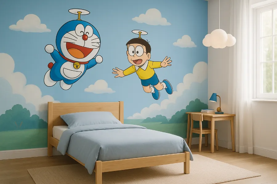 kamar tidur dengan gambar lukisan doraemon Nuansa Terbang Ceria