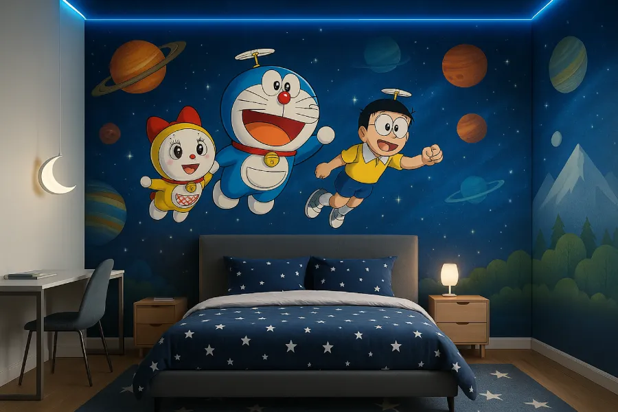 kamar tidur dengan gambar lukisan doraemon Petualangan Luar Angkasa