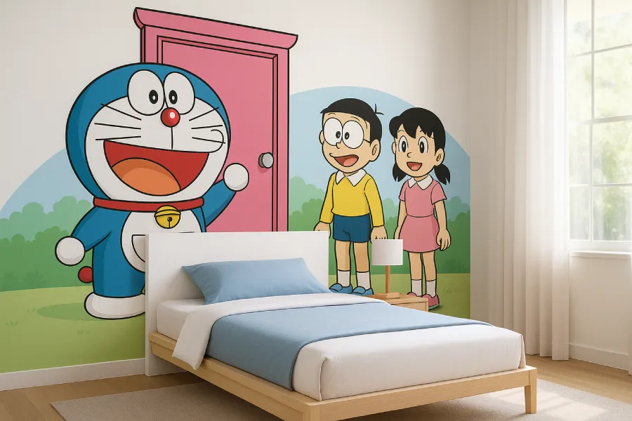 kamar tidur dengan gambar lukisan doraemon Pintu Ajaib