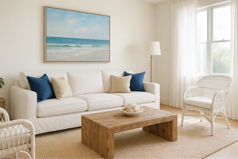 Desain interior ruang tamu Coastal Calm