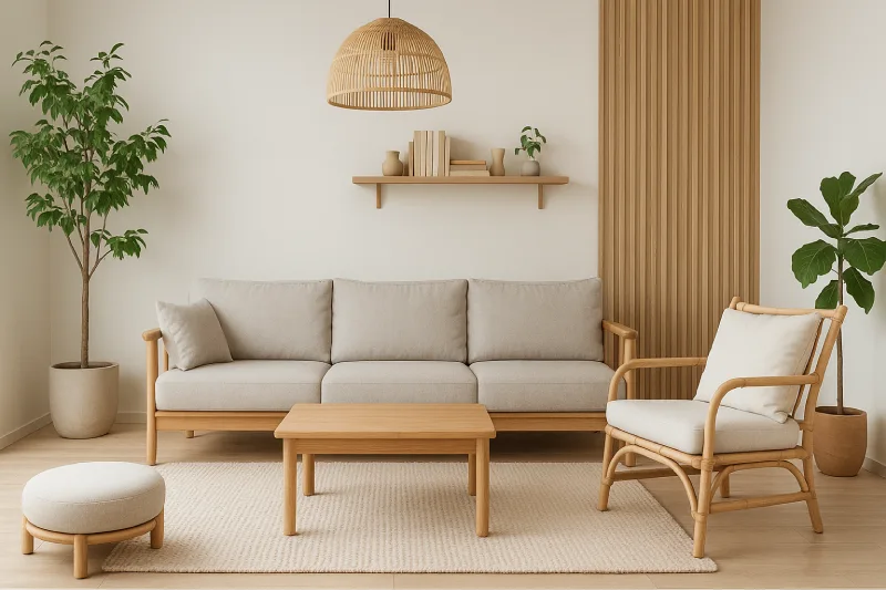 Desain interior ruang tamu Japandi Warm