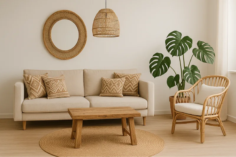 Desain interior ruang tamu Natural Boho Cozy