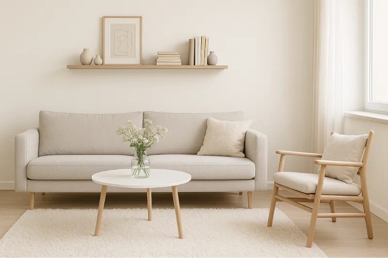 Desain interior ruang tamu Scandi Bright