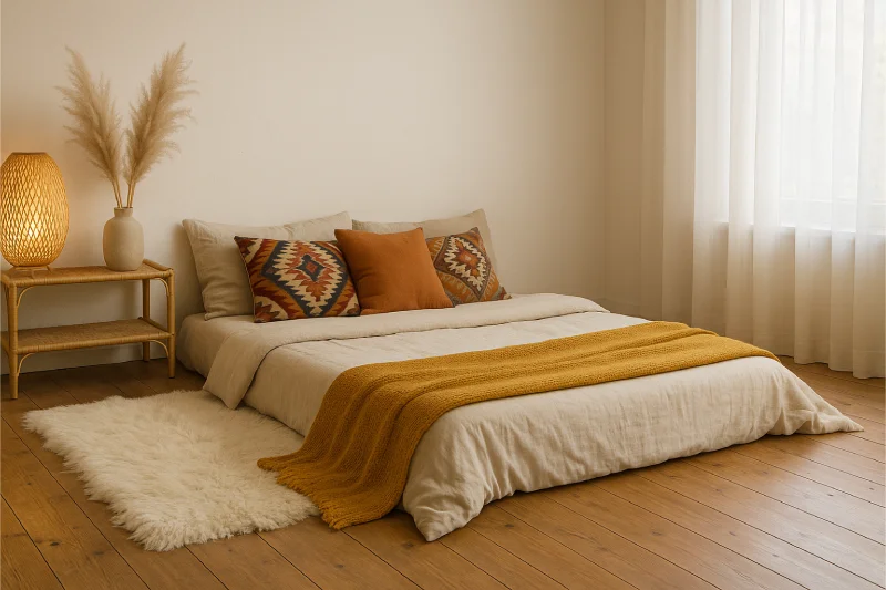 Desain kamar tidur lesehan Boho Warm