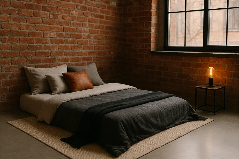 Desain kamar tidur lesehan Industrial Cozy