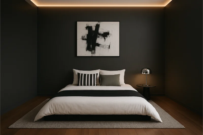 Desain kamar tidur lesehan Monokrom Modern