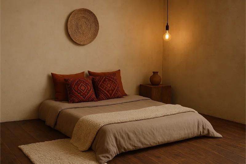 Desain kamar tidur lesehan Rustic Earthy
