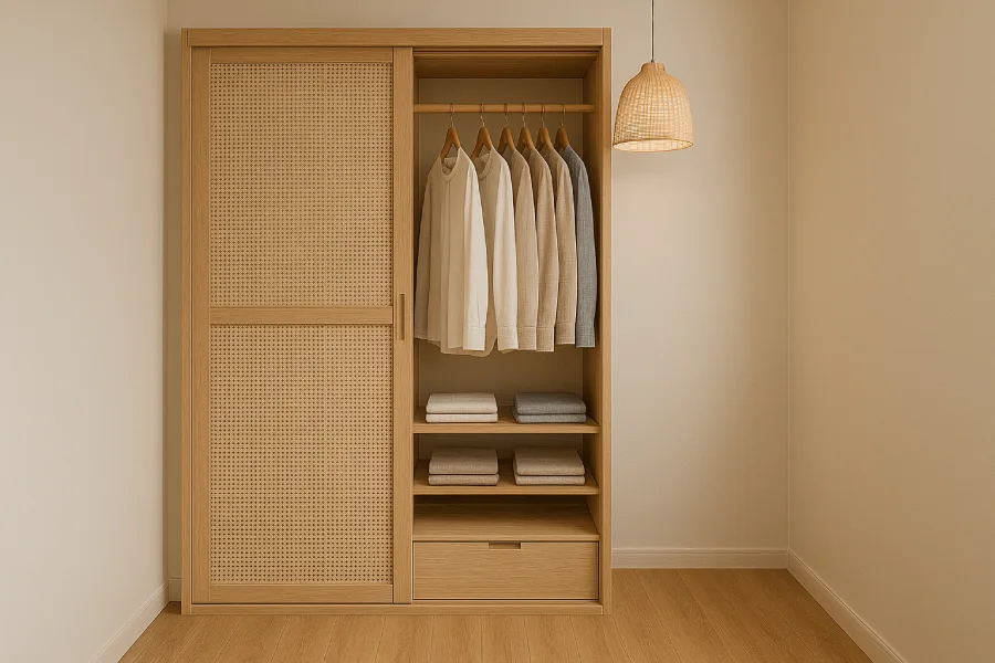 Desain lemari pakaian untuk kamar sempit Japandi Slim