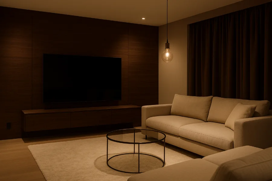 Ruang TV dengan Style Minimalis Mewah Cokelat Krem