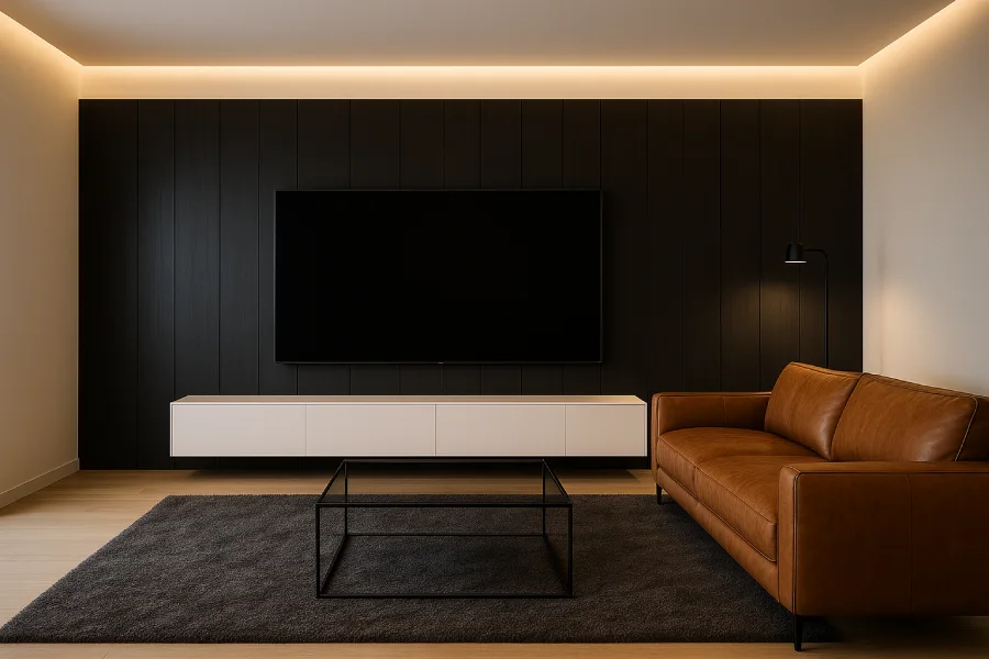 Ruang TV dengan Style Minimalis Mewah Hitam Modern