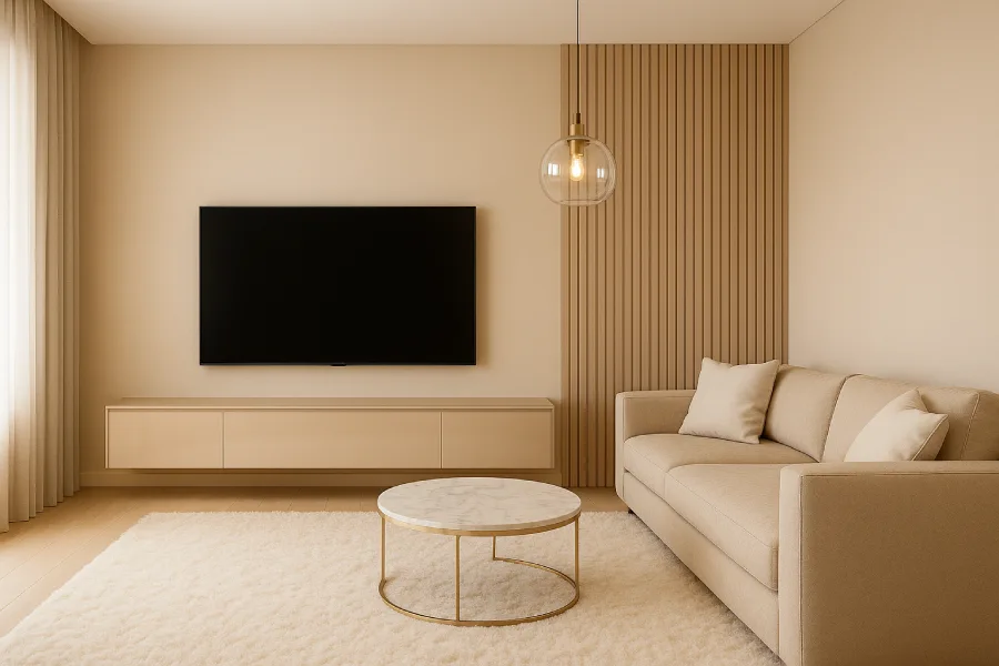 Ruang TV dengan Style Minimalis Mewah Luxury Beige