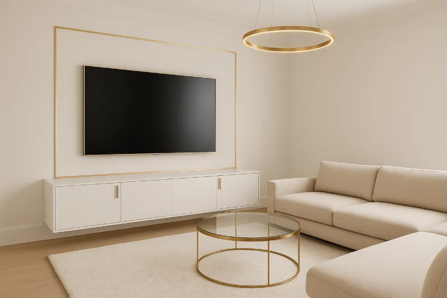 Ruang TV dengan Style Minimalis Mewah Putih Simetris