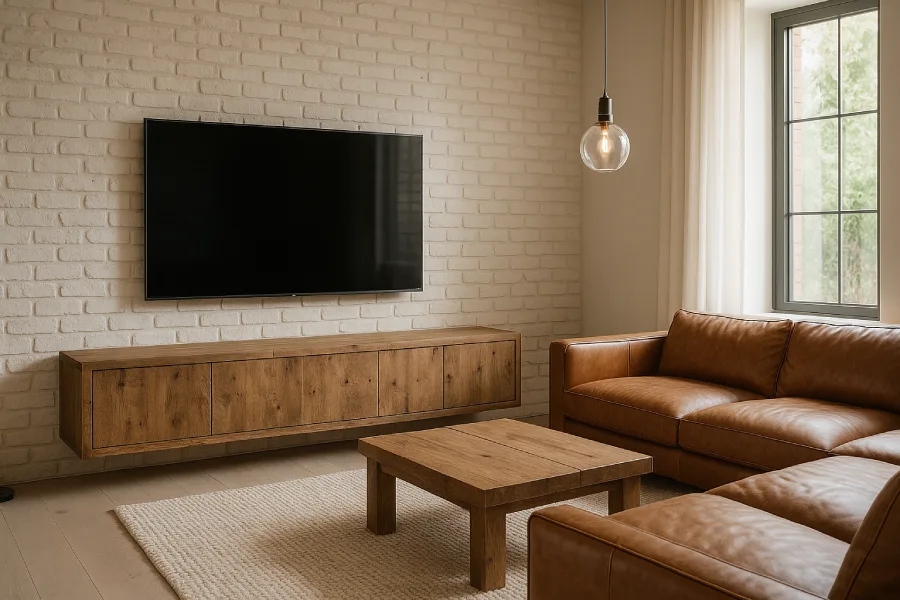 Ruang TV dengan Style Minimalis Mewah Rustic Hangat