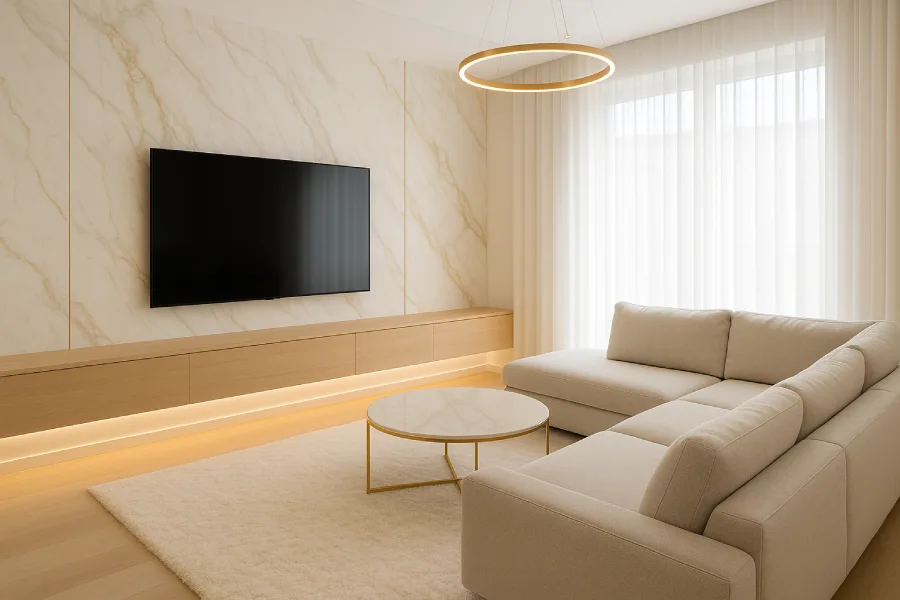 Ruang TV dengan Style Minimalis Mewah marmer