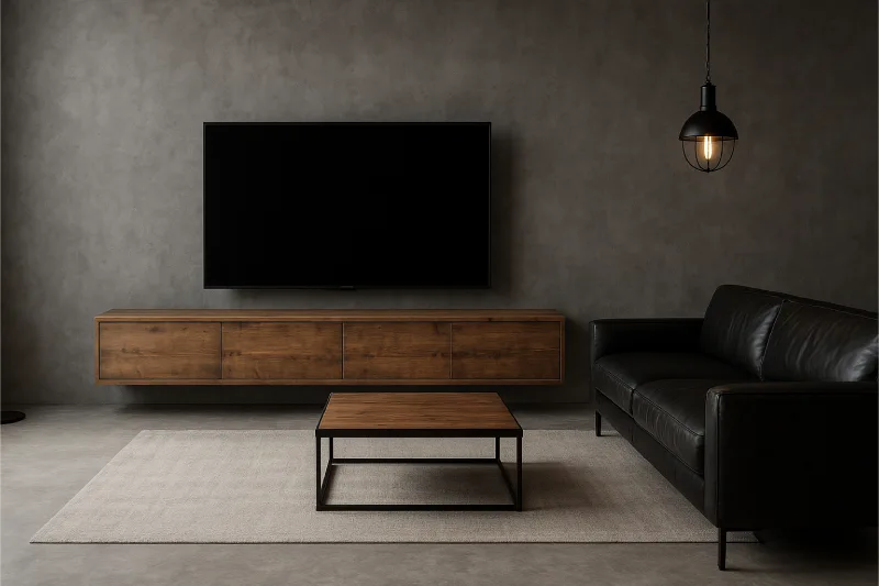 backdrop tv minimalis ruang keluarga Beton Gelap
