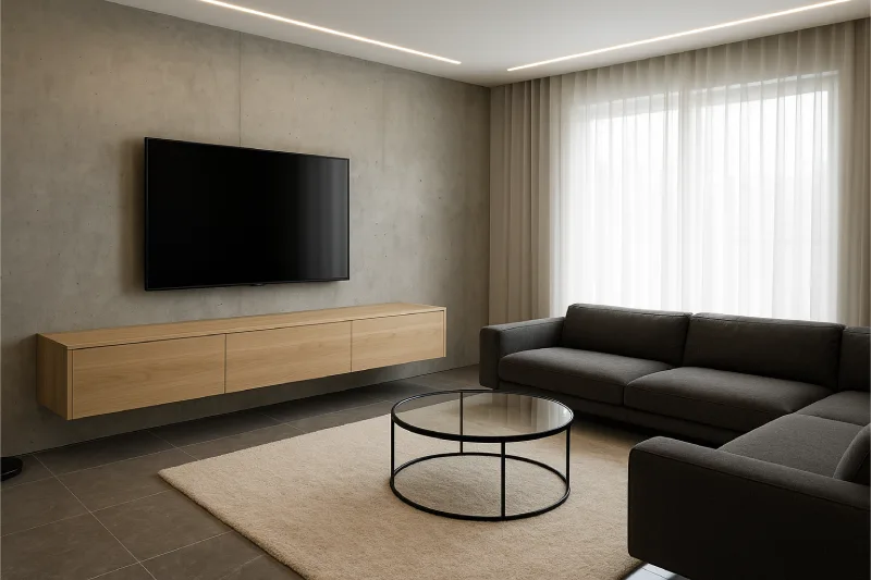 backdrop tv minimalis ruang keluarga Beton Industrial