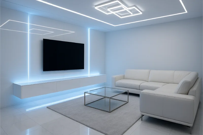 backdrop tv minimalis ruang keluarga Futuristik Putih