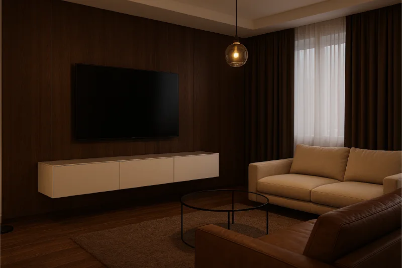 backdrop tv minimalis ruang keluarga Kayu Gelap