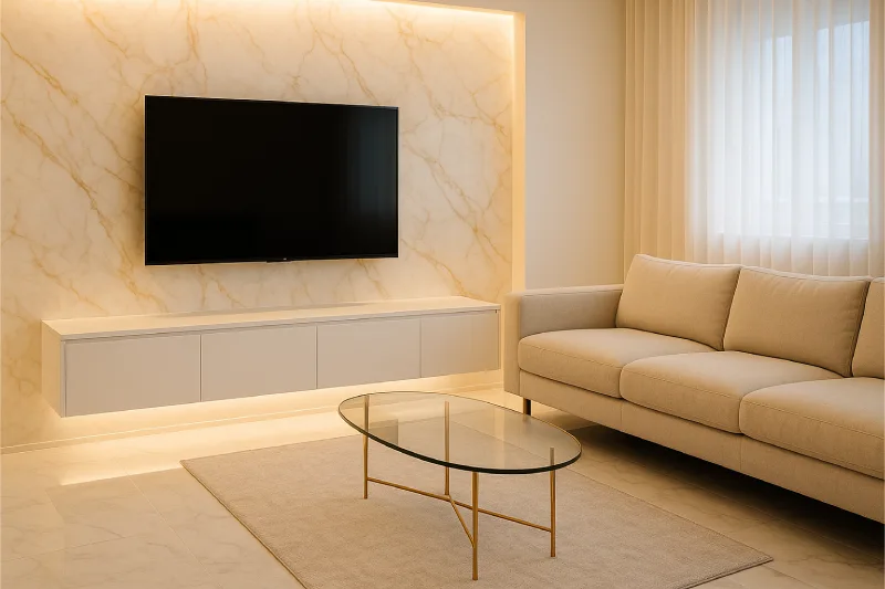 backdrop tv minimalis ruang keluarga Marmer Elegan