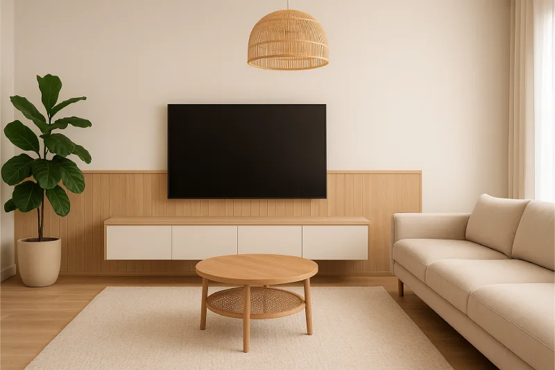 backdrop tv minimalis ruang keluarga Natural Rotan