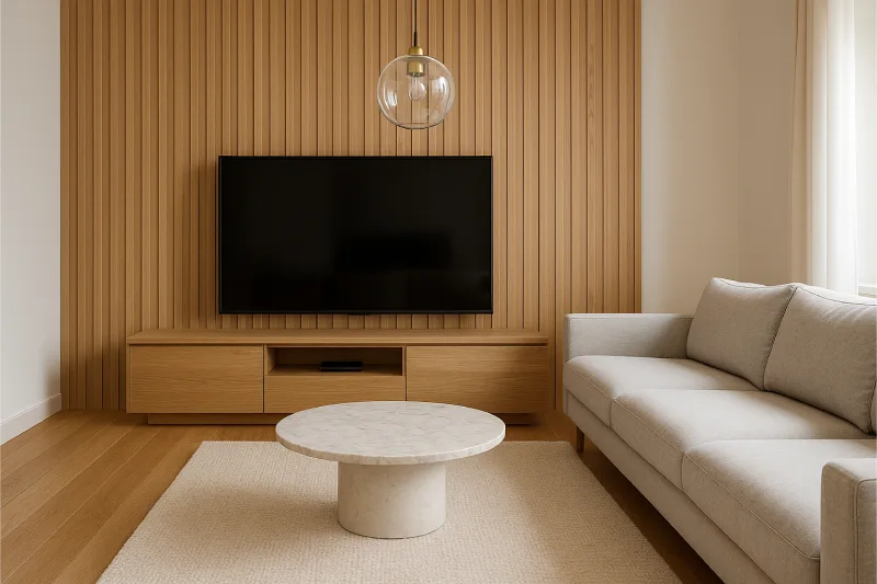 backdrop tv minimalis ruang keluarga Panel Kayu