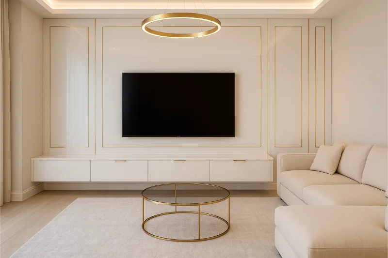 backdrop tv minimalis ruang keluarga Putih Mewah