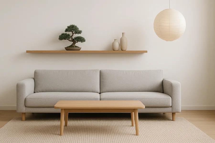 desain interior ruang keluarga Japandi Minimalis