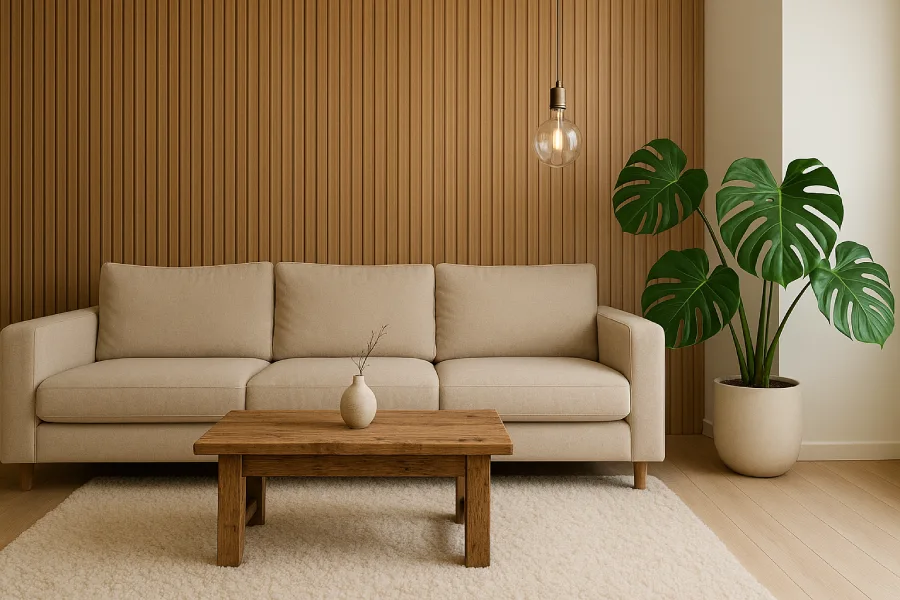 desain interior ruang keluarga Kayu Hangat Natural