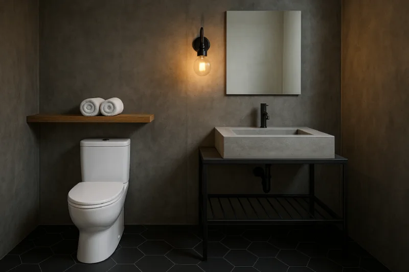 desain kamar mandi dengan wc duduk Abu Industrial