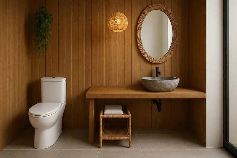 desain kamar mandi dengan wc duduk Kayu Natural