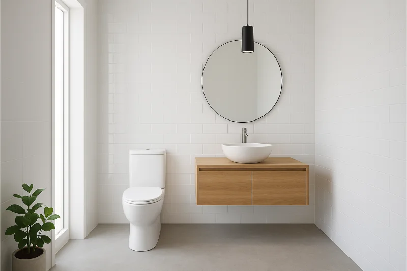 desain kamar mandi dengan wc duduk Putih Kayu