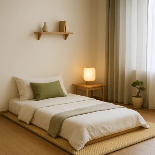 desain kamar tidur lesehan ala korea Japandi Calm