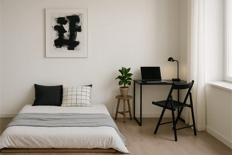 desain kamar tidur lesehan ala korea Monokrom Elegan