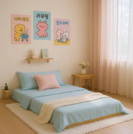 desain kamar tidur lesehan ala korea Pastel Youthful
